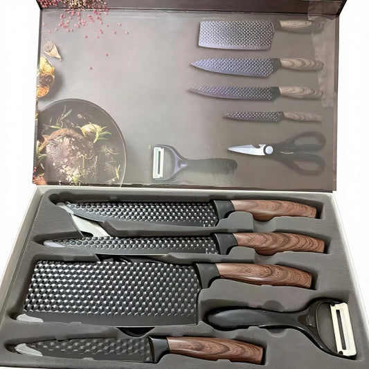 6-Teiliges Messerset in Schwarz mit Holzoptikgriff