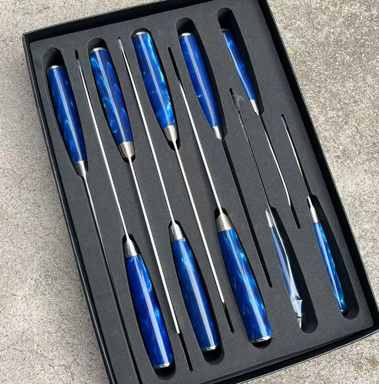 10-Teiliges Messerset aus Edelstahl mit Damaszener-Muster Holzgriff in Blau